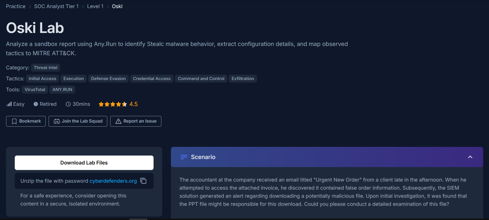 CyberDefenders Oski Lab page showing the challenge overview, scenario description, and associated MITRE ATT&CK tactics including Initial Access, Execution, Defense Evasion, Credential Access, Command and Control, and Exfiltration.